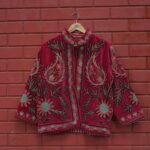 Womens Red Velvet Embroidered Jacket with Floral Design