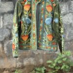 Womens Olive Green Velvet Embroidered Jacket with Floral Design